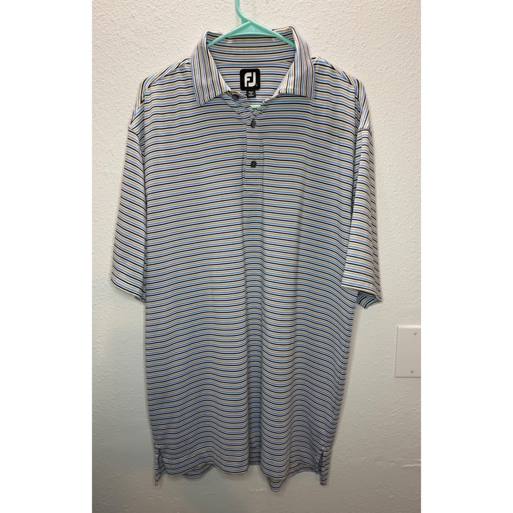 FootJoy Golf Polo Mens Large Blue Tan Striped Short Sleeve Performance Preppy